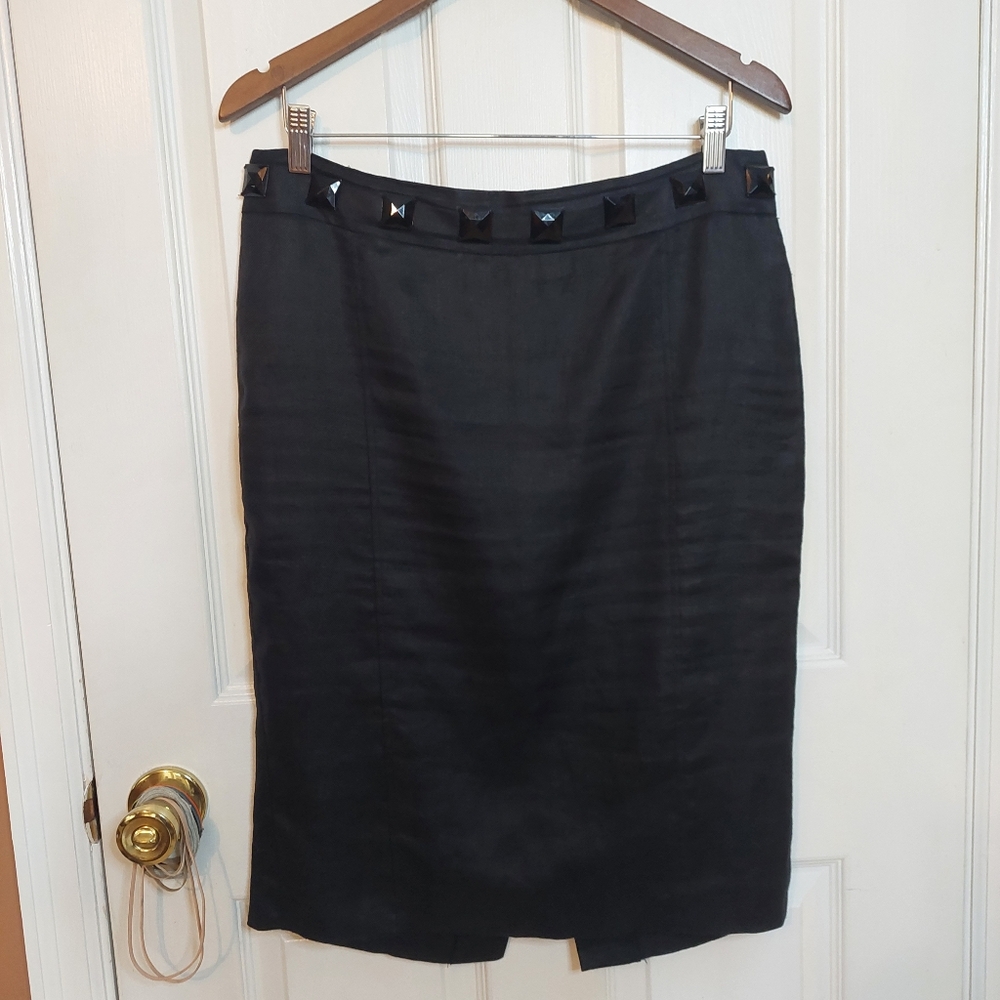 Zara Basic Black Metallic Studded Midi Pencil Skirt Career Office Business Sz L